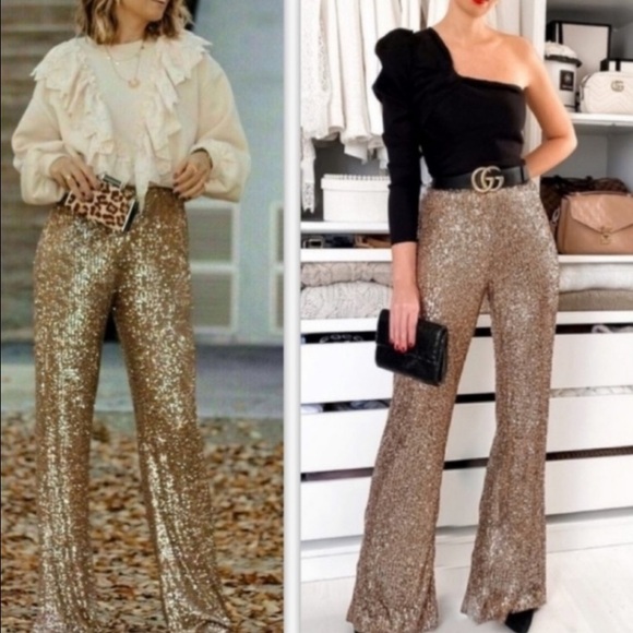 NWT ZARA Champaign Gold Sequins Pants XS - Picture 1 of 7